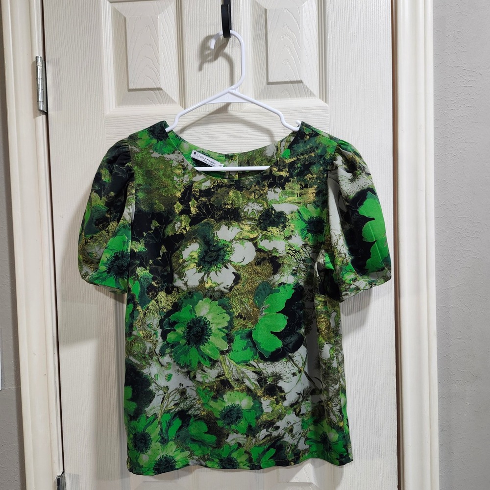 Orchid Flower Green Floral Puff Sleeve Button Back Blouse Top Size Medium